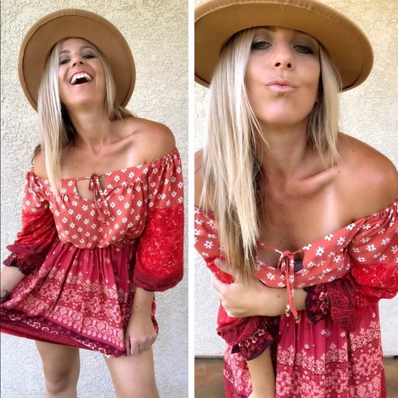 New! Clearance 🔥 Desert Red Boho Off theShoulders Ruffle Dress - Picture 6 of 15
